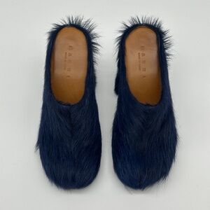 MARNI FUSSBETT SABOT HEELS IN ECLIPSE - LONG HAIR CALF SKIN